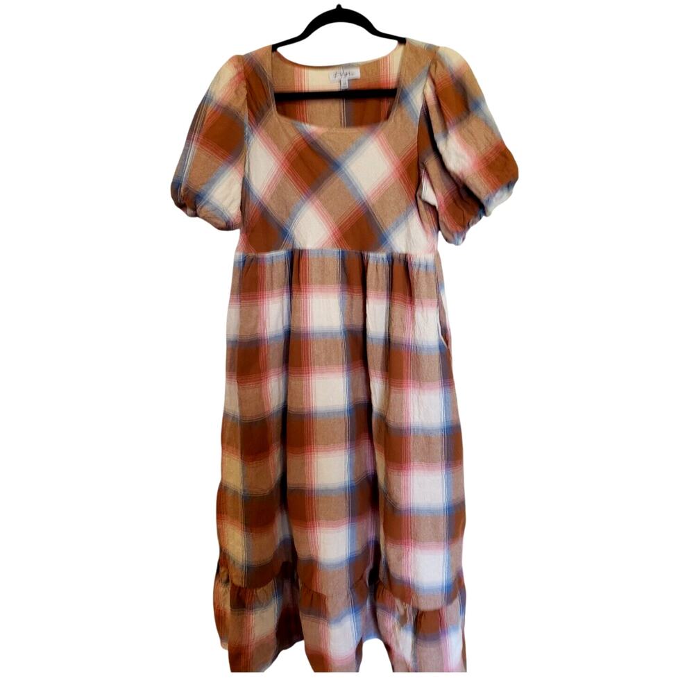 Polagram Womens Medium Brown Cream Blue Plaid Striped Dress Prairie Cottagecore